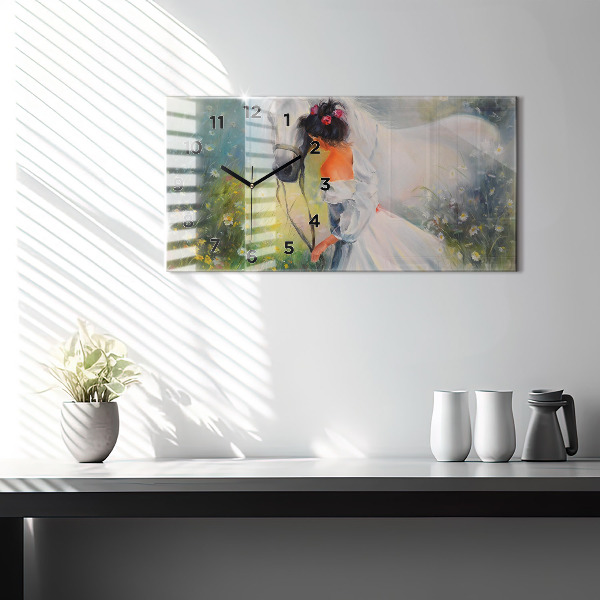 Reloj de cristal horizontal Hermosa mujer con un caballo