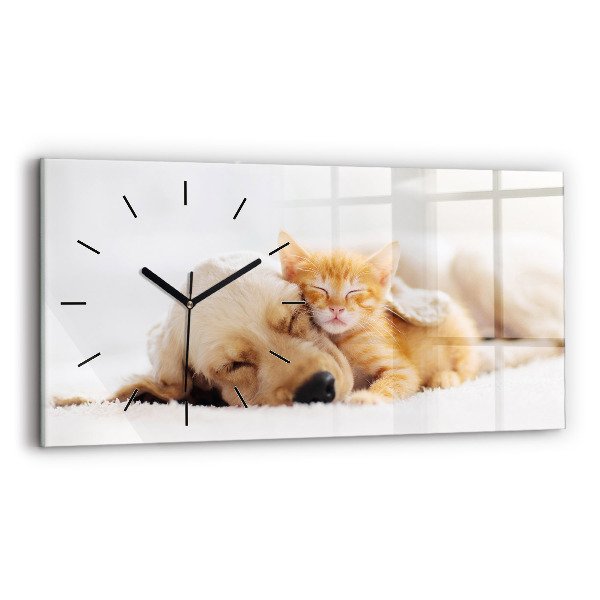 Reloj de cristal horizontal Gato y perro durmiendo