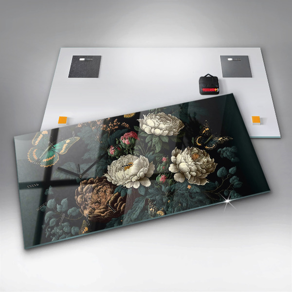 Reloj de cristal horizontal Flor y mariposas doradas
