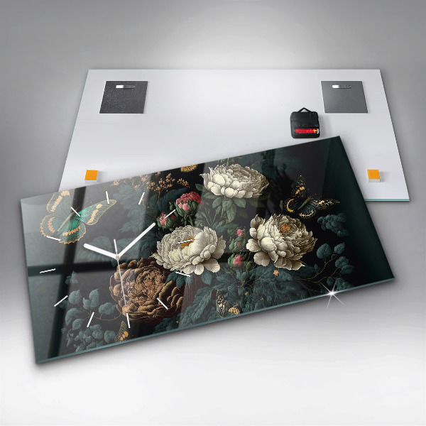 Reloj de cristal horizontal Flor y mariposas doradas