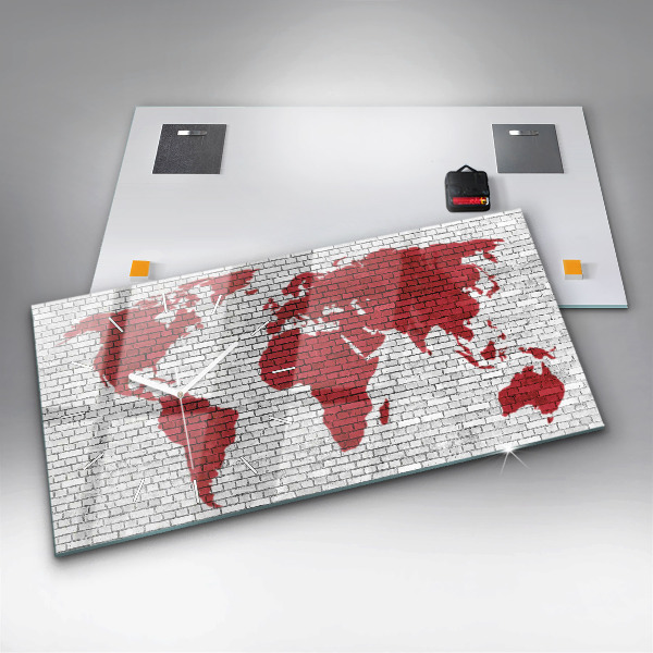 Reloj de cristal horizontal Pared de ladrillo Mapa del mundo