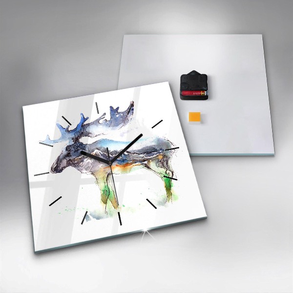 Reloj de pared cuadrado Alce y paisaje de montaña