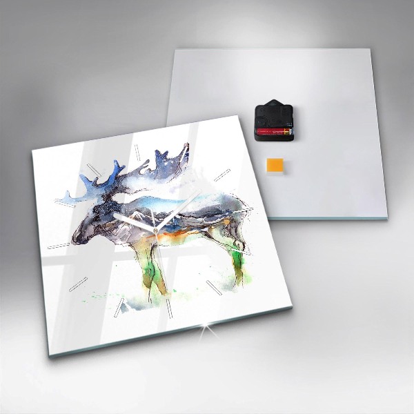 Reloj de pared cuadrado Alce y paisaje de montaña