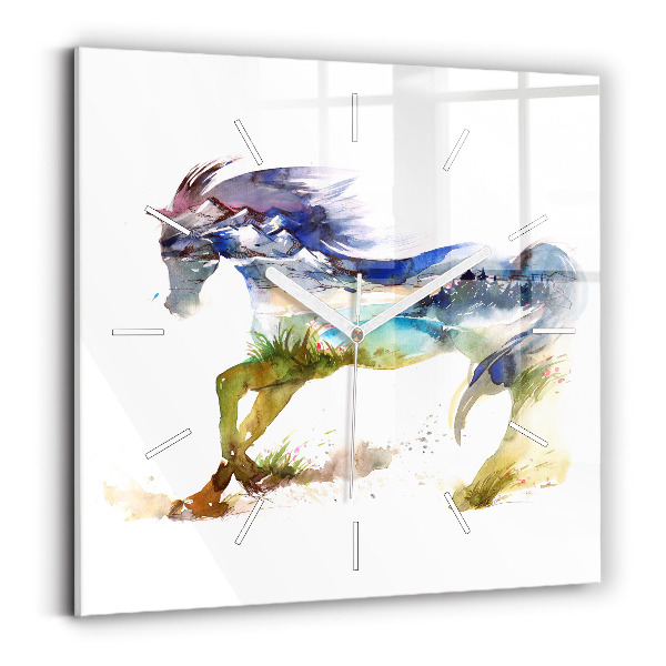 Reloj cuadrado Montaña pintada y caballo