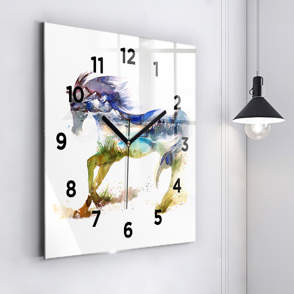 Reloj cuadrado Montaña pintada y caballo