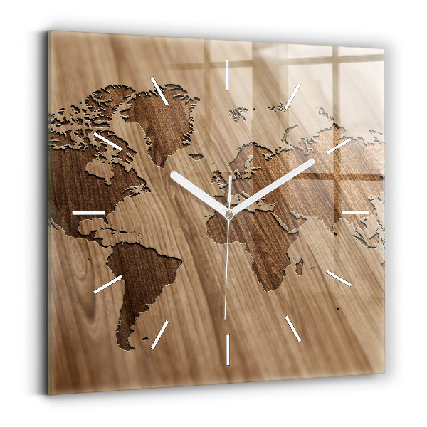 Reloj cuadrado Mapamundi sobre madera