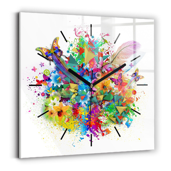 Reloj de pared cuadrado Armonía floral con mariposas