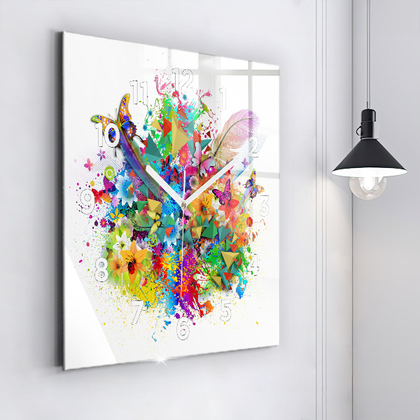 Reloj de pared cuadrado Armonía floral con mariposas
