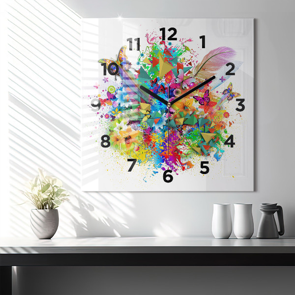 Reloj de pared cuadrado Armonía floral con mariposas