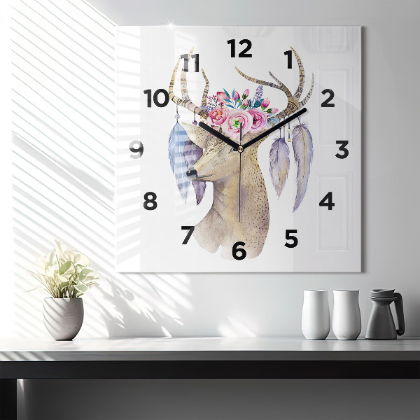 Reloj de pared cuadrado Cabeza de ciervo y flores