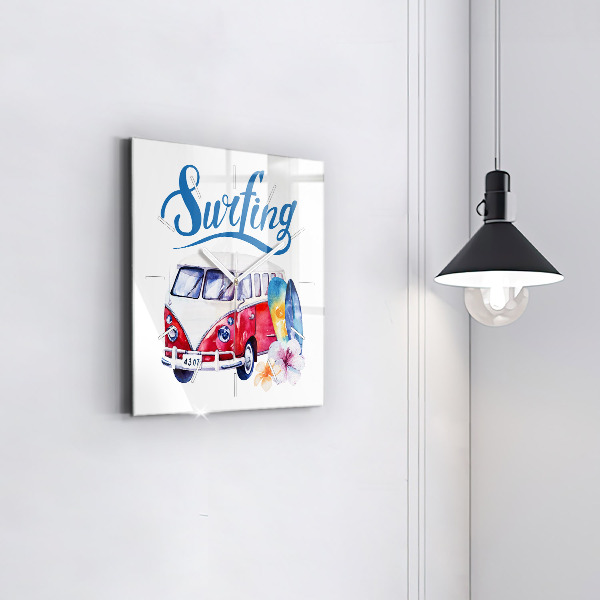Reloj de pared cuadrado Coche y cartel Surf