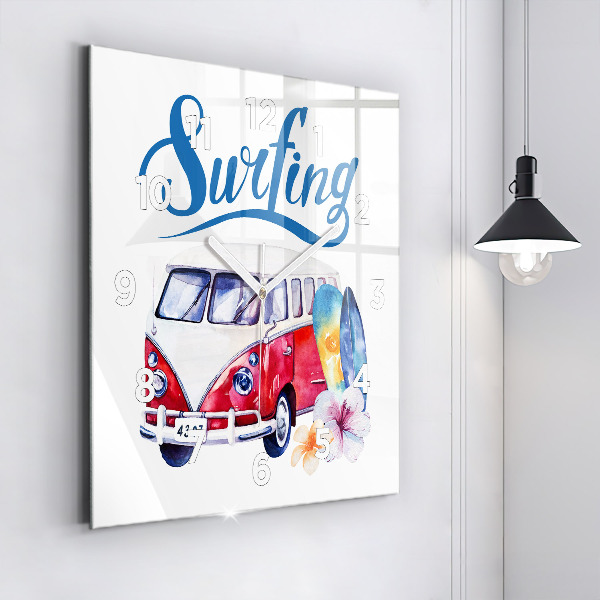 Reloj de pared cuadrado Coche y cartel Surf