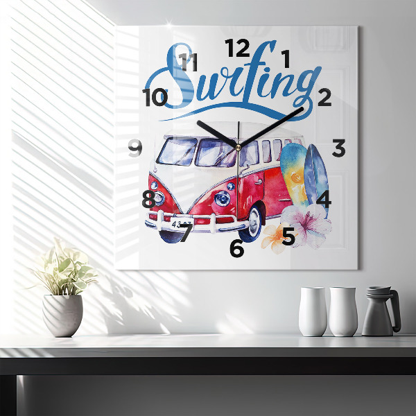 Reloj de pared cuadrado Coche y cartel Surf