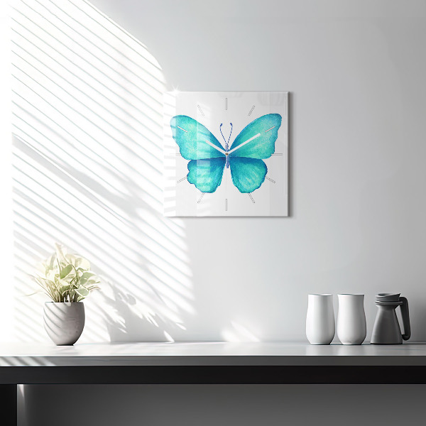 Reloj de pared cuadrado Mariposa turquesa de verano