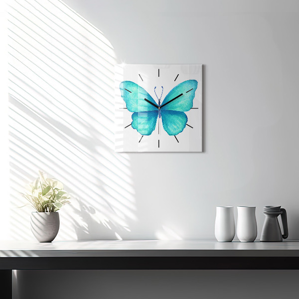 Reloj de pared cuadrado Mariposa turquesa de verano