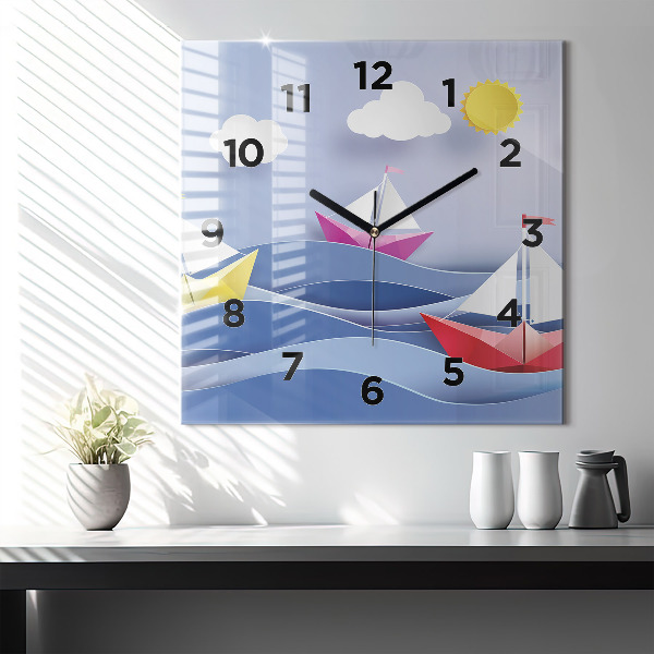 Reloj de pared cuadrado Origami de veleros de colores