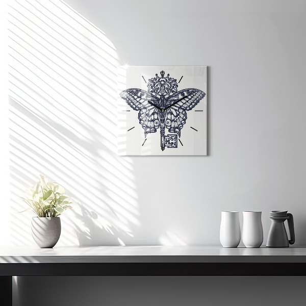 Reloj de pared cuadrado Mariposa y llave - estilo boho