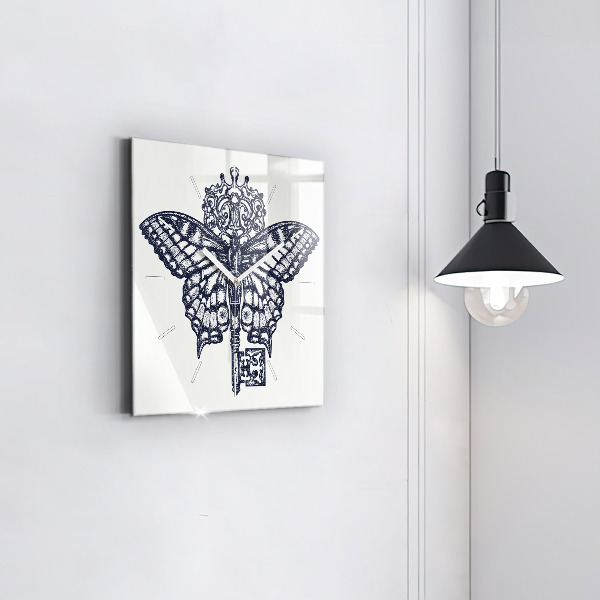 Reloj de pared cuadrado Mariposa y llave - estilo boho