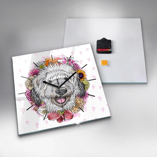 Reloj de pared cuadrado Perro feliz entre flores