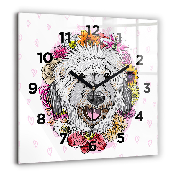 Reloj de pared cuadrado Perro feliz entre flores