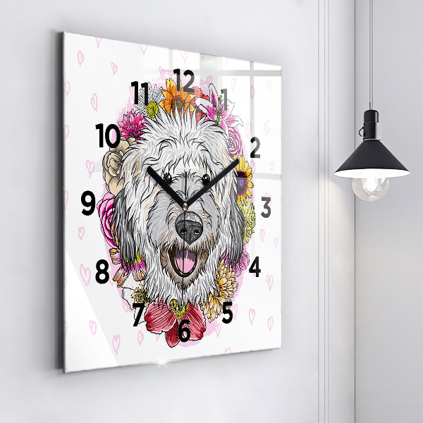 Reloj de pared cuadrado Perro feliz entre flores