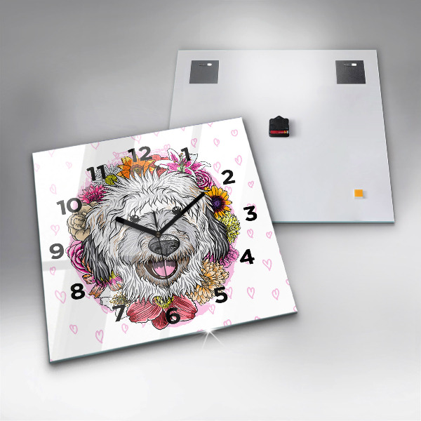 Reloj de pared cuadrado Perro feliz entre flores