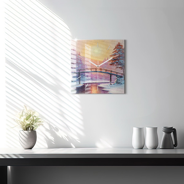 Reloj de pared cuadrado Árbol de Navidad y puente