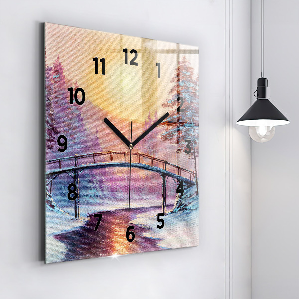 Reloj de pared cuadrado Árbol de Navidad y puente