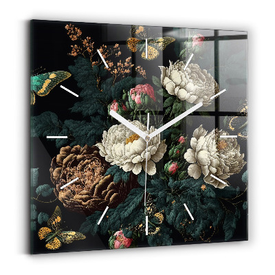 Reloj cuadrado Flor y mariposas doradas