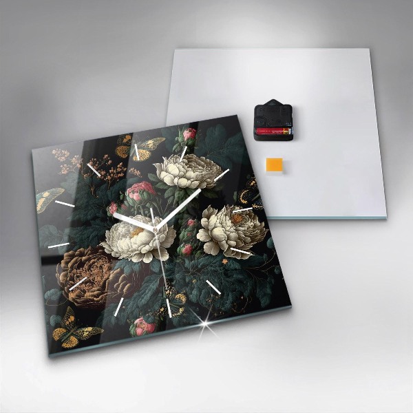 Reloj cuadrado Flor y mariposas doradas