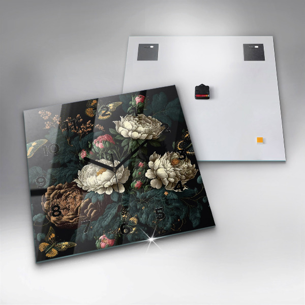 Reloj cuadrado Flor y mariposas doradas