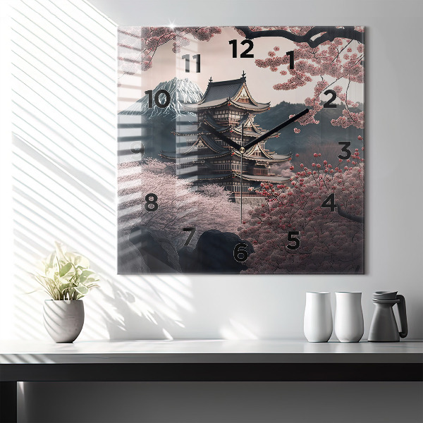 Reloj de pared cuadrado Torre asiática Cerezos en flor