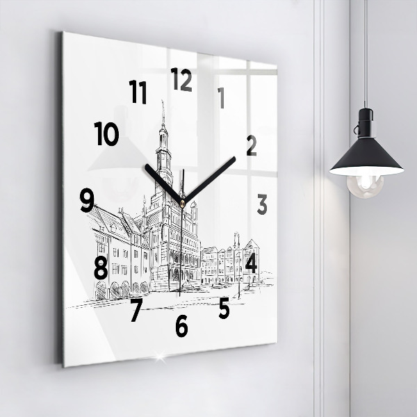 Reloj de pared cuadrado Boceto de la ciudad vieja de Poznan