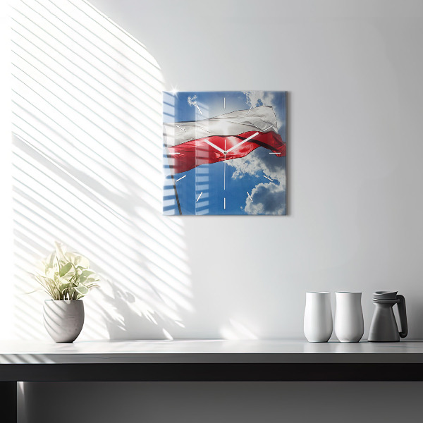 Reloj de pared cuadrado Bandera polaca contra el cielo