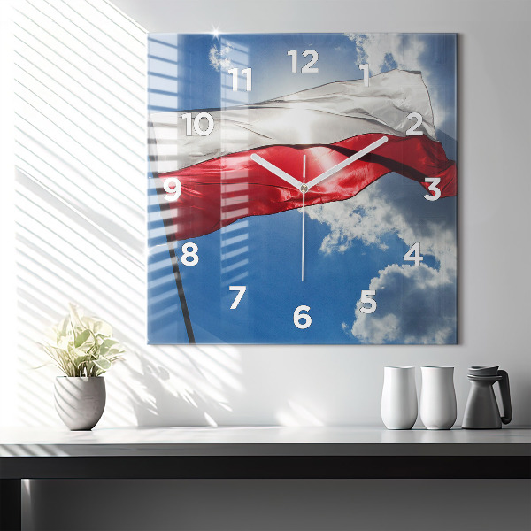 Reloj de pared cuadrado Bandera polaca contra el cielo