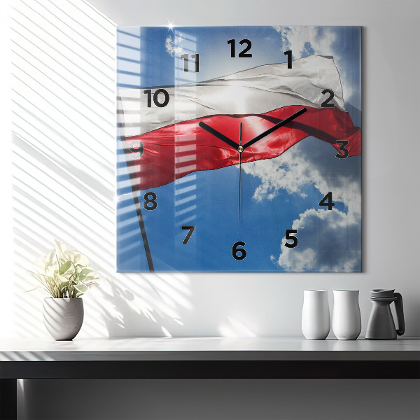 Reloj de pared cuadrado Bandera polaca contra el cielo