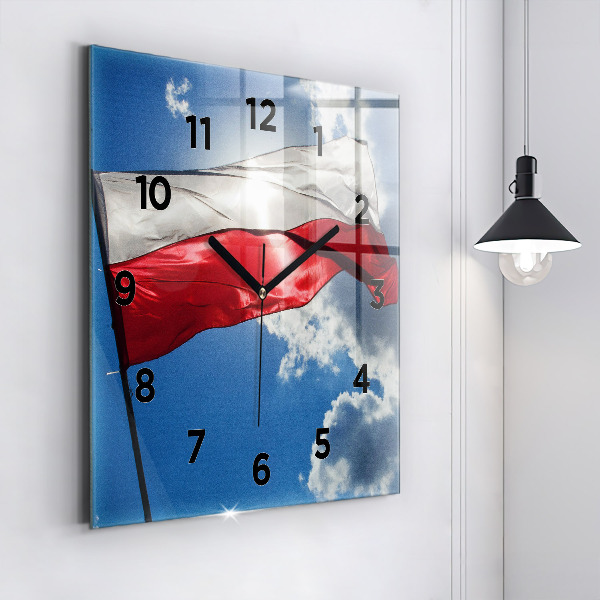 Reloj de pared cuadrado Bandera polaca contra el cielo