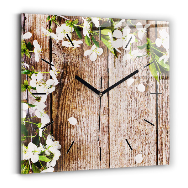 Reloj de pared cuadrado Flores sobre madera