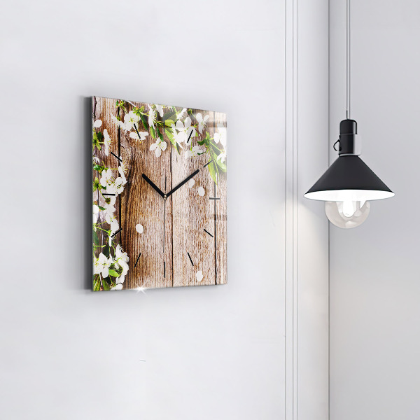 Reloj de pared cuadrado Flores sobre madera
