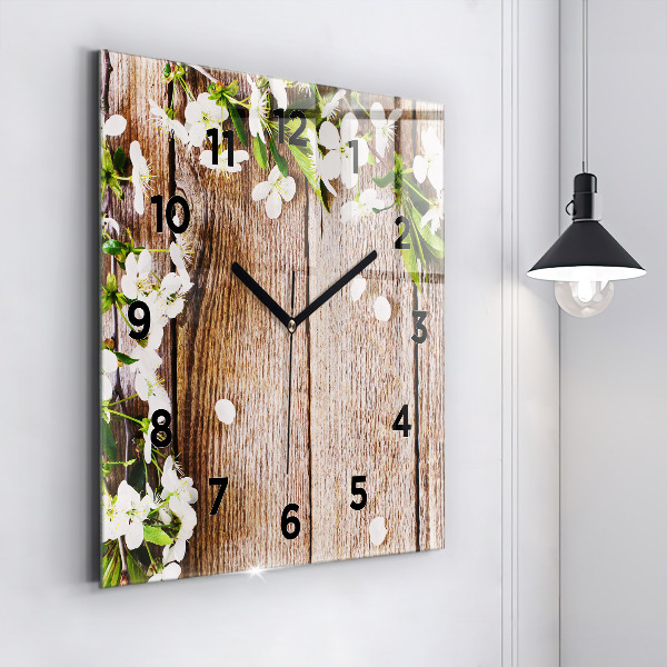 Reloj de pared cuadrado Flores sobre madera