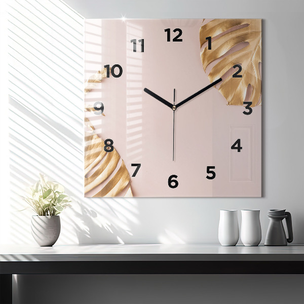 Reloj de pared cuadrado Hojas tropicales doradas