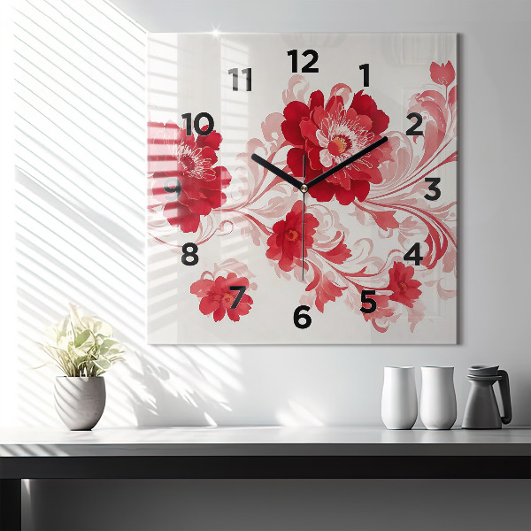 Reloj de pared cuadrado Flores rojas