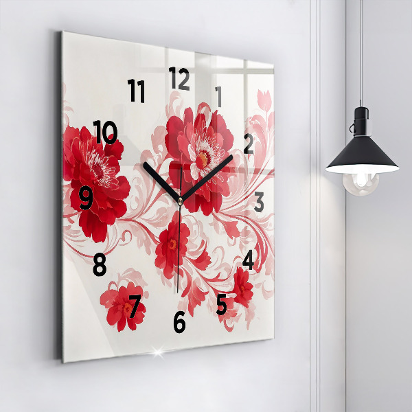 Reloj de pared cuadrado Flores rojas
