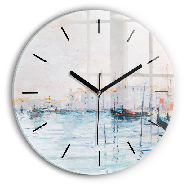 Reloj de cristal redondo Pintura al óleo yate mar