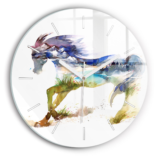 Reloj de cristal redondo Montaña pintada y caballo