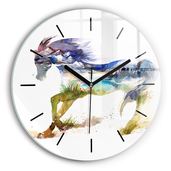 Reloj de cristal redondo Montaña pintada y caballo