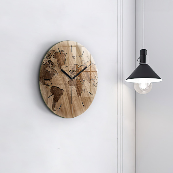Reloj redondo pared Mapamundi sobre madera