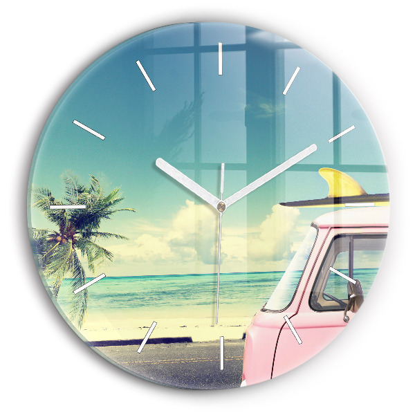 Reloj de cristal redondo Coche con tabla de surf