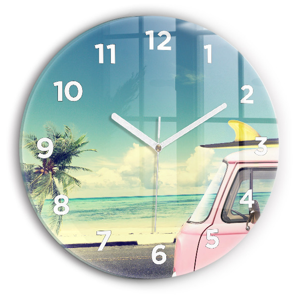 Reloj de cristal redondo Coche con tabla de surf