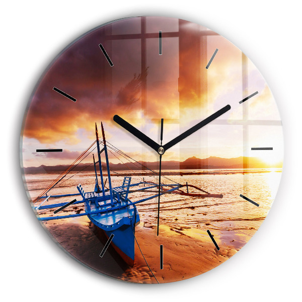Reloj de pared redondo Barco y puesta de sol